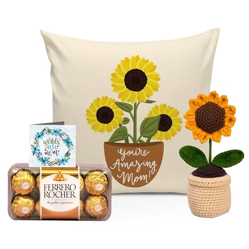 Image of TIED RIBBONS Gift for Mom, Birthday Gift for Mom Women Wife Mother in Law Mummy | Artificial Handcrafted Flower With Pot | Printed Cushion with Filler (12 X 12 Inch) | Chocolate Gift Pack | Card