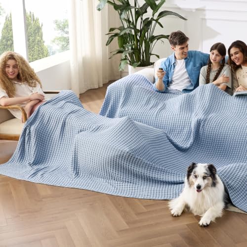 Image of Bedsure Cooling Cotton Waffle Oversized King Blanket - Lightweight Breathable Rayon Derived from Bamboo for Hot Sleepers, Luxury Throws for Bed and Sofa, Sky Blue, 120x96 Inches
