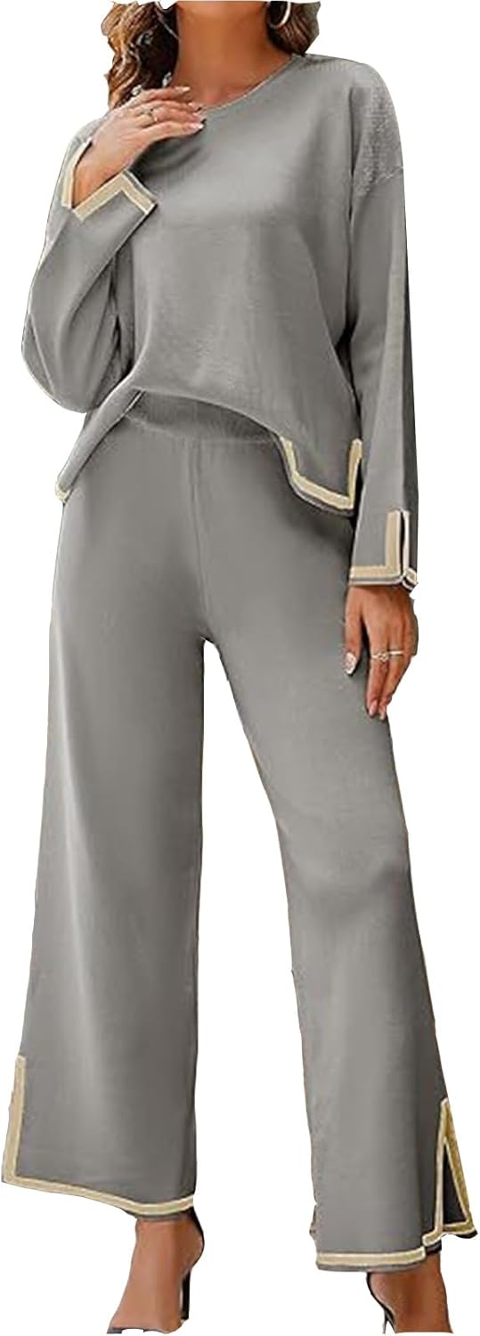 [CENSO] トラックスーツ レディース ラウンジセット 2点セット、 カジュアルルームウェア 長袖ニットプルオーバートップス ワ