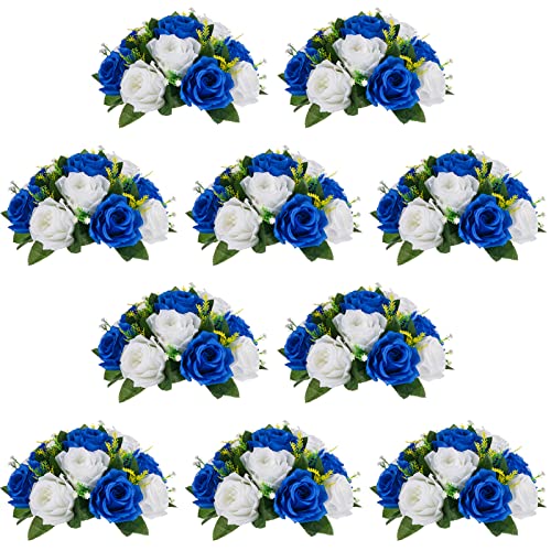 Image of NUPTIO Flower Ball Arrangement Bouquet - 10 Pcs 9.5 inch Diameter Royal Blue Fake Flowers Roses Balls for Centerpieces Tables - Artificial Rose Arrangements for Wedding Centerpiece Table Decorations