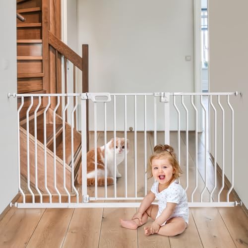 Mom's Choice GROWNSY Baby Gate, 53"-57" Auto-Close Dog Gate for Stairs & Doorways, Pressure-Mounted Easy Install - No Drill, Walk Through, Safe & Durable White 53"-57"*30"