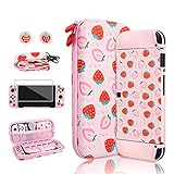 Picture of RHOTALL Strawberry Theme Carrying Case Set for Nintendo Switch OLED, Cute Accessories Bundle for Switch OLED with TPU Protective Shell, Adjustable Shoulder Strap, Screen Protector and 2 Thumb Caps