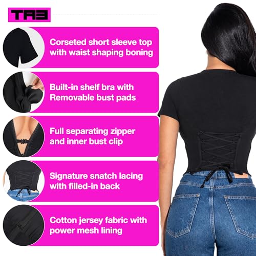TA3 Short Sleeve Corsety Top - Summer Tops – Full Separating Zipper - Built-in Shelf Bra A to H Cup - Patented Construction2