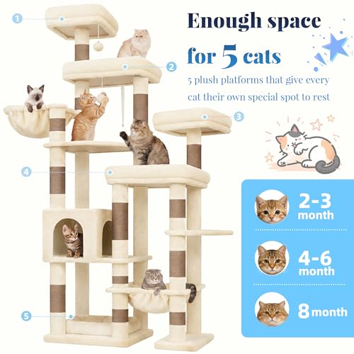 Image of Hey-brother Cat Tree Tower, Wide Base, 5 Platforms for Multi-Cats, MPJ074MJ
