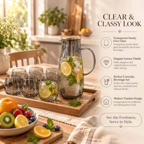 Image of bellemax 1.8 Litre Water Jug with Wooden Lid & 6 Black Juice Glasses Set | Premium Glass Water Jug Set for Home Kitchen | Juice, Water, Cold Drink Serving Set | Stylish Pitcher Set of 7 (BM-14)