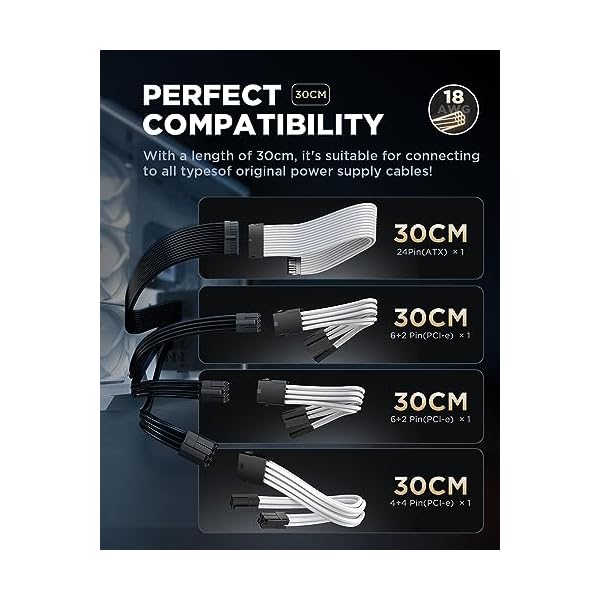 AsiaHorse PSU Kabelverlängerung, PC Sleeved Cable Kit für GPU/CPU, 18AWG Netzteil Cable Extensions mit Kabelkämmen, 24PIN/ (6+2) PIN/ (4+4) PIN Kabelmanagment, 30CM, Weiß – Bild 4