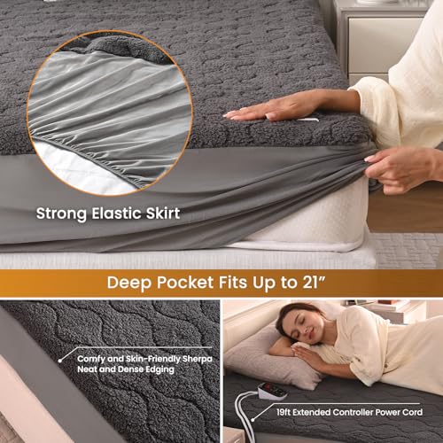 Image of Bearhug Electric Heated Mattress Pads Full Size 54 inchx75 inch Sherpa Bed Warmer with 21 inch Deep Pocket 10 Heat Settings 12-Hour Timer Machine Washable Gray