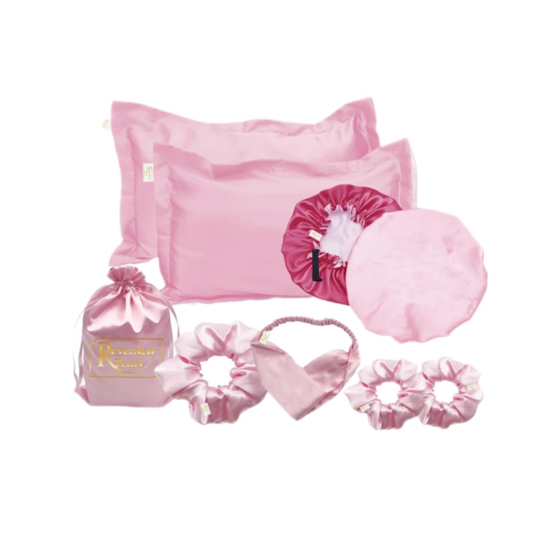 Natural hair essentials, reversible and adjustable Satin bonnet. satin pillowcases, satin Scrunchies and headband set of 8 pieces (Pink)