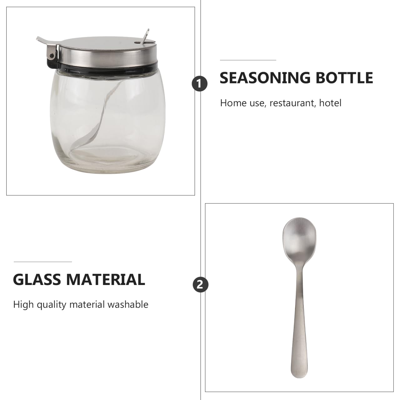 2 tarros redondos de vidrio para especias con tapas y cucharas de acero inoxidable, recipientes versátiles para condimentos para almacenamiento de sal, pimienta y condimentos en cocina, café y 9