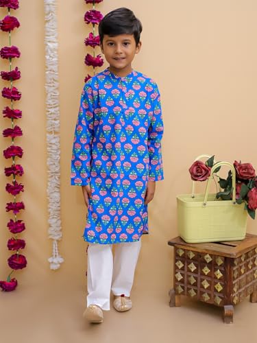 Image of The Mom Store Boys Printed Cotton Kurta Pajama Set With Jacket | Soft And Comfortable Ethnic Wear For Baby /Kids Boys | Full Sleeves Kurta Pyjama Set | Traditional Indian Outfit