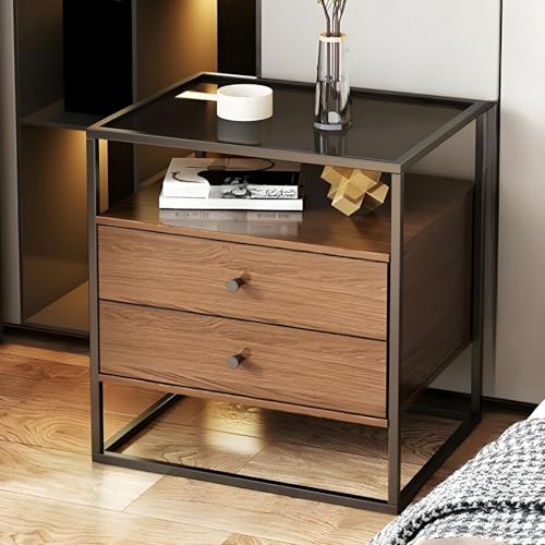 AnneFish Nightstand with 2 Drawers Sofa Side Storage Cabinet with Metal Frame and Tempered Glass Top Bedside Table with Storage Shelf for Living Room and Bedroom 50 * 39.5 * 60cm (Light brown)