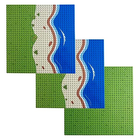 Apostrophe Games Island Building Block Base Plates Compatible with All Major Brands - 3 Pack Beach - 2 Straight & 1 Center Grass add-on to Expand Your Island - 10-1/16" x 10-1/16"Inches Cover