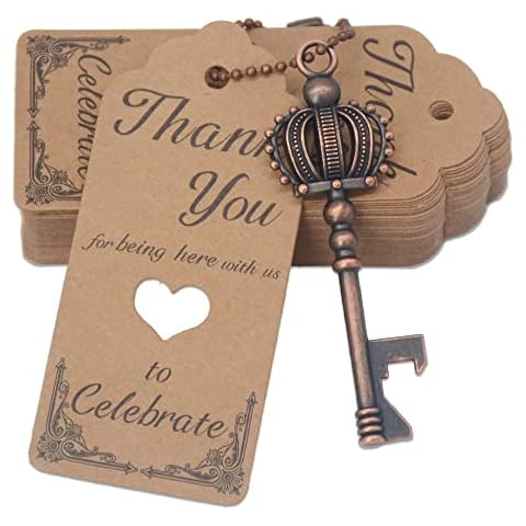 AebDerp 100 Pcs Key Bottle Opener Wedding Party Favors, Crown Skeleton Keys for Birthday Anniversary Party Souvenir Gifts for Guests with Keychain and Thank You Cards (Copper) Cover