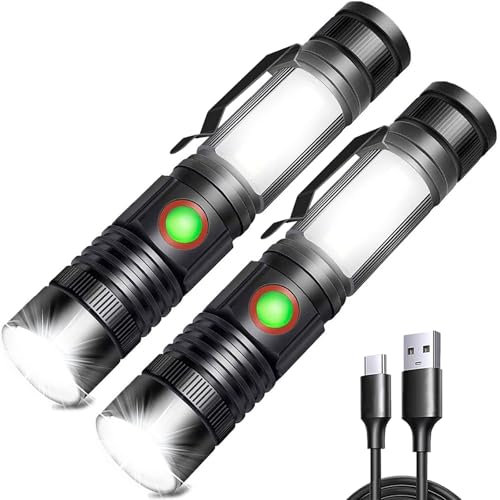 REHKITTZ Linterna LED 2000 Lúmenes Alta Potencia, 2500 mAh USB Recargable de Alta Capacidad, Linterna Ajustable y Portátil de Tamaño Bolsillo con Base Magnética y Luz de Trabajo COB(2 Piezas)