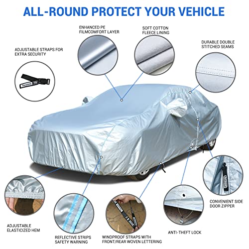 Image of Tecoom Car Cover Waterproof All Weather, Classic Zipper Door & Lock Design, Soft Cotton Lining Car Covers for Automobiles, Windproof UV Rain Hail Protection Full Car Cover Fit 191-200 Inches Sedan