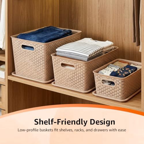 Image of Amazon Basics Set of 3 (Small, Medium, Large) Plastic Storage Baskets with Lid Stackable Shelf Basket, Storage Box & Organiser for Wardrobe, Kitchen,Clothes, Toys, Books, Office (Biscuit, Rectangular)