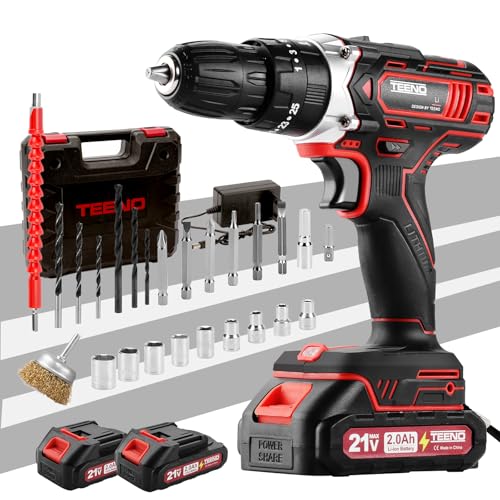 TEENO Akkuschrauber für Makita 21V 2 * 2.0Ah Akkus, Mit Metall-Antirostbürste, 45 Nm Akku Bohrmaschine, 25+1 Drehmoment-Einstellungen, 2 Gänge, LED, 31 Zubehörteilen und Transportkoffer