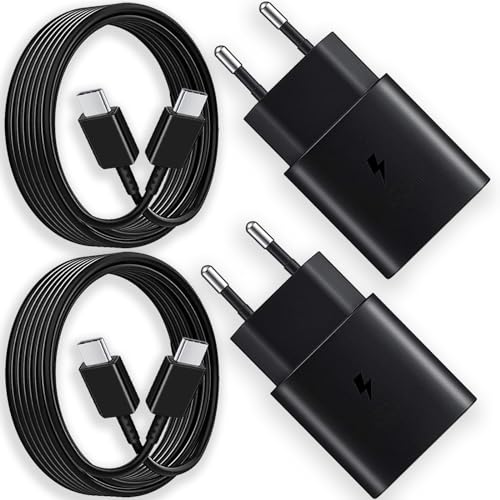 2-Pack 25W USB C Laddare Snabbladdare för Samsung Galaxy S25 S24 S23 S22 S21 S20 Plus/Ultra S21FE S10 A55 A54 A53 A34 A15 M14 M13 iPad Pro Snabbladdare, 1,5m Typ C Laddkabel Strömförsörjningsenhet