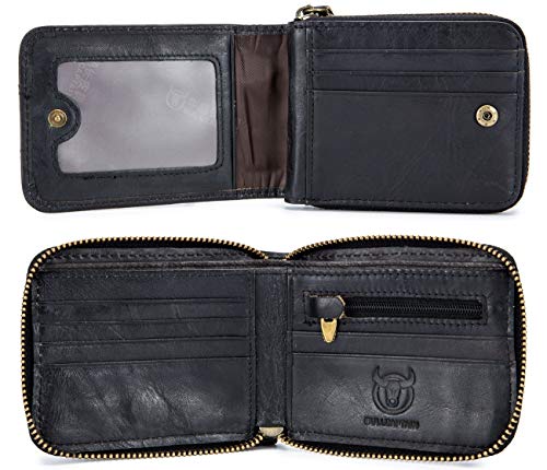 Image of BULLCAPTAIN Mens Leather Wallet Zipper RFID Blocking Wallets Coins Purse (Black)
