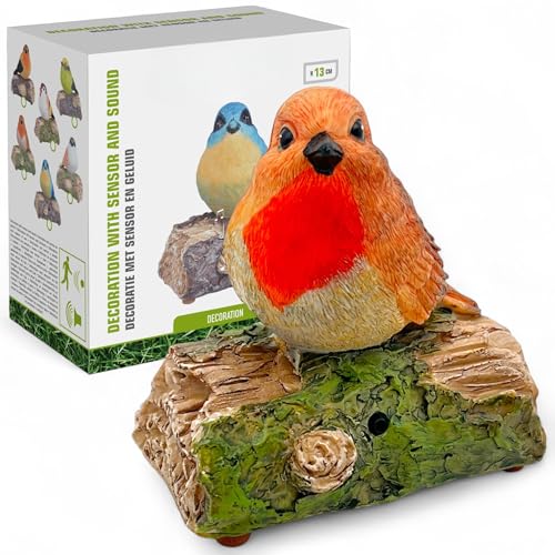 MIJOMA Dekovogel mit Vogelgezwitscher & Bewegungsmelder – Zwitschernder Vogel auf AST, Handbemalt, 13 cm – Batteriebetrieben – Naturgetreue Deko für Innenräume (Braun-Rot)