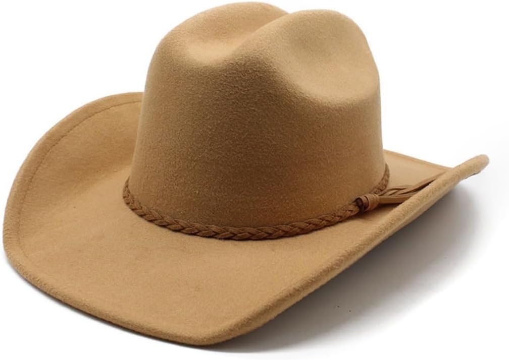 Western Cowboy Hat, Brown Felt, Braided Leather Band, Wide Brim