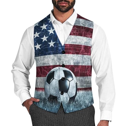 US Flag Soccers-Football Men's Suit Vests Business Formal Dress Vest V-Neck Waistcoat for Wedding Casual