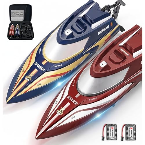 BEZGAR RC Boat - 2 Packs 12 inch Fast Speed Remote Control Boat with Suitcase for Pool/Lake/Ocean/Saltwater Use, Auto-Flip & 8-Shape Demo Summer Toy for Kids 8+ & Adults - Red&Blue TX2P2