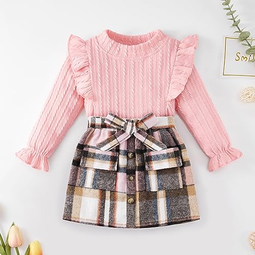 Image of Weixinbuy Toddler Girl Fall Winter Clothes Solid Long Sleeve Ribbed T-Shirt Knit Tops Plaid Button Mini Skirts Set Outfits
