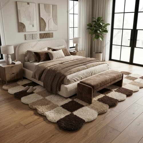 Image of SWEET HOMES Brown Beige Carpet for Living Room Shaggy Checkered Area Rug | Ultra Soft Irregular Shape, 6 x 8 Feet (183 x 244 cm), Beige-Brown A1