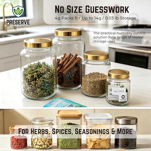 Image of Preserve The Cure 4g Humidity Control Packs for Storage Containers, 62% RH | 10pc, up to 14g / 0.5oz, 2-way moisture control, freshness indicator, protects texture, reduces drying, sealed pouch