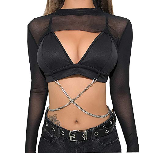 Women Sheer Mesh See Through UV Long Sleeve Shrug Plaid Checkered Cut Out Crop Tops