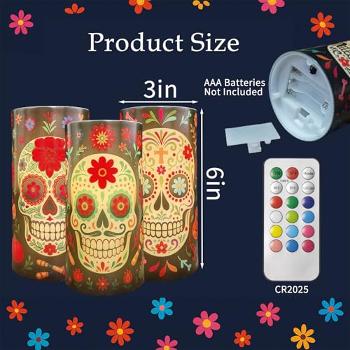 Image of Dia De Los Muertos Flameless Candles with Timer Remote 3 Pack | Halloween Flameless LED Candle Battery Operated Sugar Skull Day of The Dead Decoration