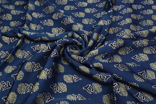 Image of Ethnics of Kutch Women's Ajrakh Modal Silk Natural Dye Hand Block Print Unstitched Kurta Fabric Mtr Length (2.5 Mtrs - Blue 30101V)