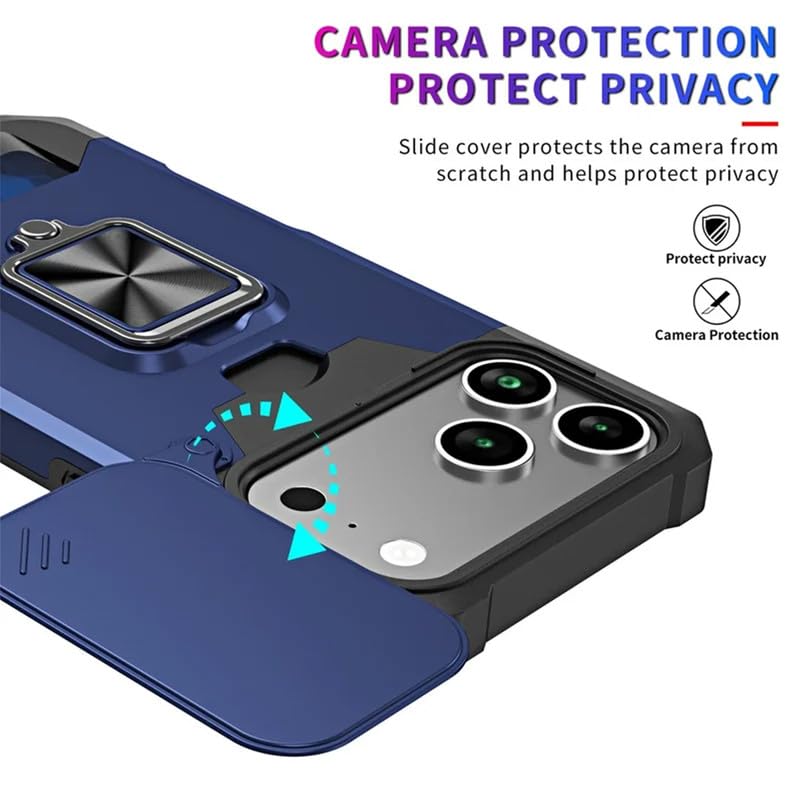 Image of LuxuryKase Shockproof Armor Case for iPhone 17 Pro | Slide Camera Cover | Hidden Card Slot | Rotating Ring Kickstand | Magnetic Car Mount Support | Military Grade Protection - Blue