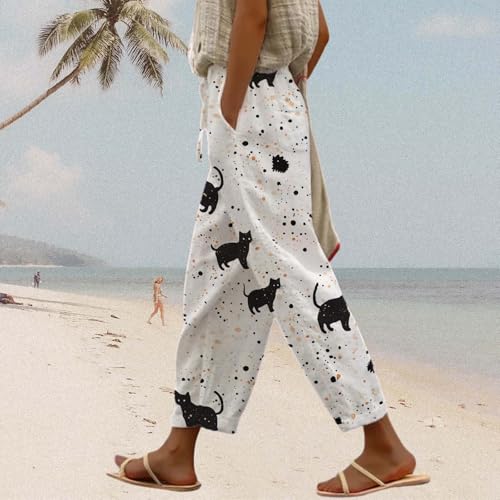 Boho Cotton Linen Pants for Womens Summer Cat Graphic Printed Drawstring High Waisted Capri Pants with Pockets4