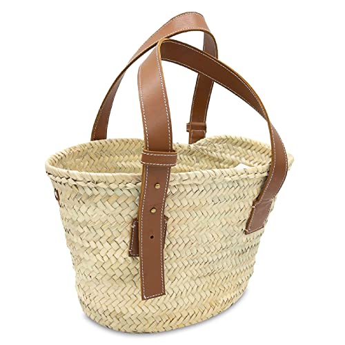 Bolso cesta de paja con asas de cuero estilo francés miniatura 1