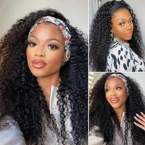 Image of 200 Density Deep Wave Headband Wig Human Hair 24 Inch Curly Half Wig Human Hair Wear and Go Beginner Friendly Glueless None Lace Front Wigs for Black Women Natural Color