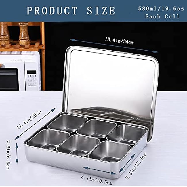 Stainless Steel Seasoning Box with Lid and Holder Tray, 6 Compartments Rectangle Masala Dabba Spice Container, Indian Masala Box Organizer Set for Kitchen Condiment Storage (6 Compartments)