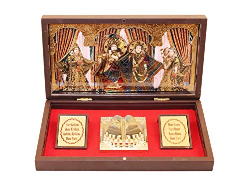 Image of GoldGiftIdeas 24 Carat Gold Plated Radhe Krishna Photo Frame with Charan Paduka Box for Home Decor, Hare Krishna Wooden Momento Gift, Return Gift for Wedding