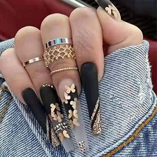 24Pcs Press on Nails Medium Length Gold Foil Butterfly Press on Nails French Black Fake Nails with Nail Glue Full Cover Stick on Nails False Nails with Designs for Women and Girls