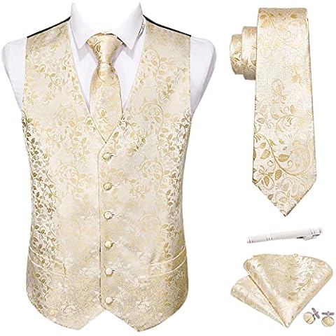 Barry.Wang Men Beige Flower Dress Vest Matched Tie Set Suit Waistcoat Formal Wedding 5PCS Cover