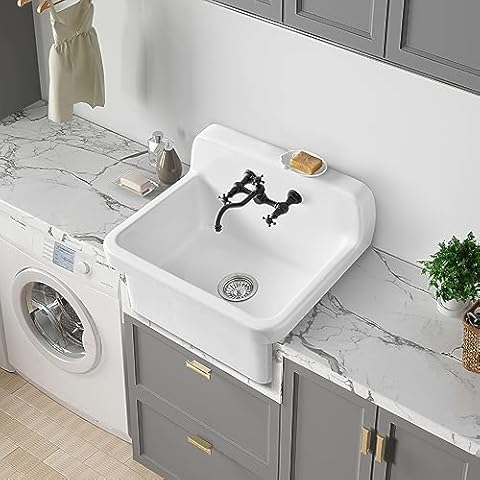 ELLAI 24 Inch White Ceramic Farm Style Wall Mount Utility Sink High Back Wall Mounted Laundry Tub 10 Gallon Farmhouse Sink Slop Sink for Laundry Room, Garage, Kitchen, Bathroom 24" x 19" x 16.5" Cover