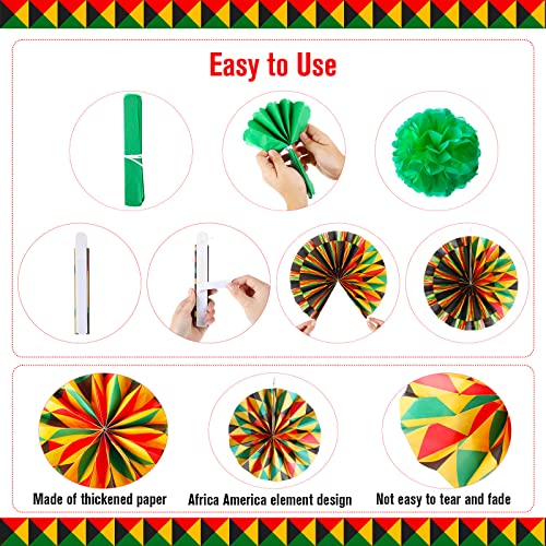 Image of Outus 21 Pcs Juneteenth Decorations Hanging Paper Fans Juneteenth Tissue Paper Poms Red Green Yellow Classroom Garland for Kente African American Party Supplies