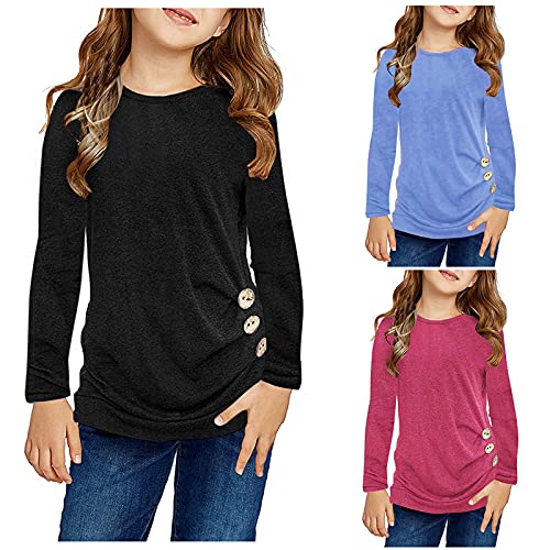 Girls Casual Tunic Tops Knot Front Long Sleeve Shirts Loose Soft Blouse T-Shirt Cotton Solid Crewneck Pullover Tops3