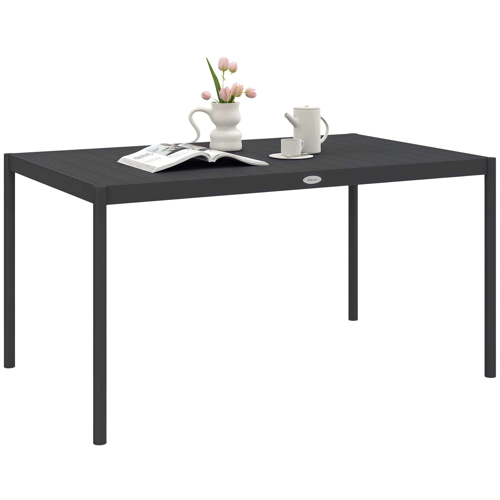 Outsunny Tavolo da Giardino a Doghe da 145x90 cm, Tavola da Pranzo per 6 Persone Rettangolare in Alluminio e Acciaio, Per Patio, Terrazzo, Balcone ed Esterno, Grigio Scuro