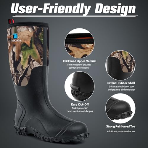 Image of Trudave Rubber Boots for Men with Steel Shank, Waterproof Insulated Reliable Rain Boots for Outdoor Work Hunting, Warm Dry 5mm Neoprene Anti-slip All-Season Mud Boots, Size 5-14