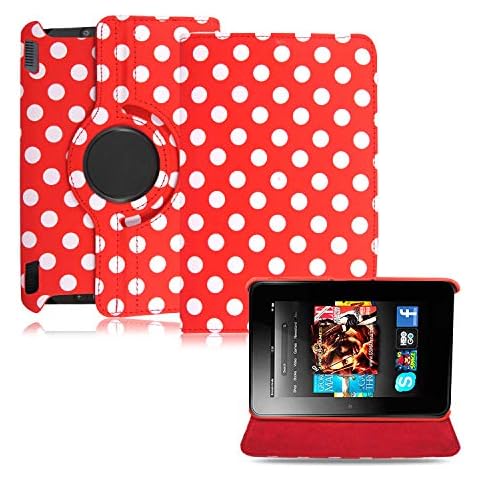 Amazon Fire HDX 7 Case, (2013 version) - 360 Swivel Rotating Leather Flip Folio Tablet Case Cover, (Polka Dot Red) Cover