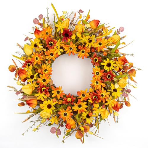 JINGHONG Fall Wreaths for Front Door 22 Inch Artificial Fall Wreath Floral Autumn Wreath with Colorful Daisies Orange Foliage for Indoor Outside Door Harvest Festival Thanksgiving Day Celebration