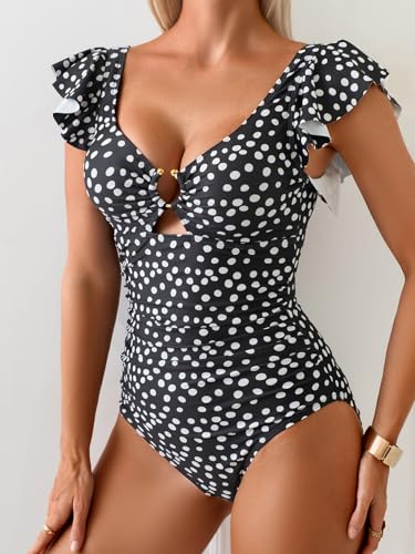 Image of Eomenie Womens Ruffled One Piece Swimsuit Slimming Tummy Control Bathing Suit V-Neck Cutout Swimwear for Resort Wear