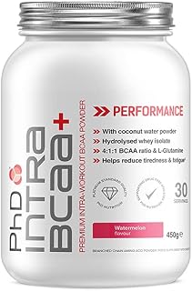 PhD Intra BCAA+ Supplement| Coconut water powder| 4:1:1 BCAA Ratio| Electrolyte Drink| Vegetarian| During Workout| Vitamin C| Gluten, palm oil & GMO free| Watermelon flavour, 450 g